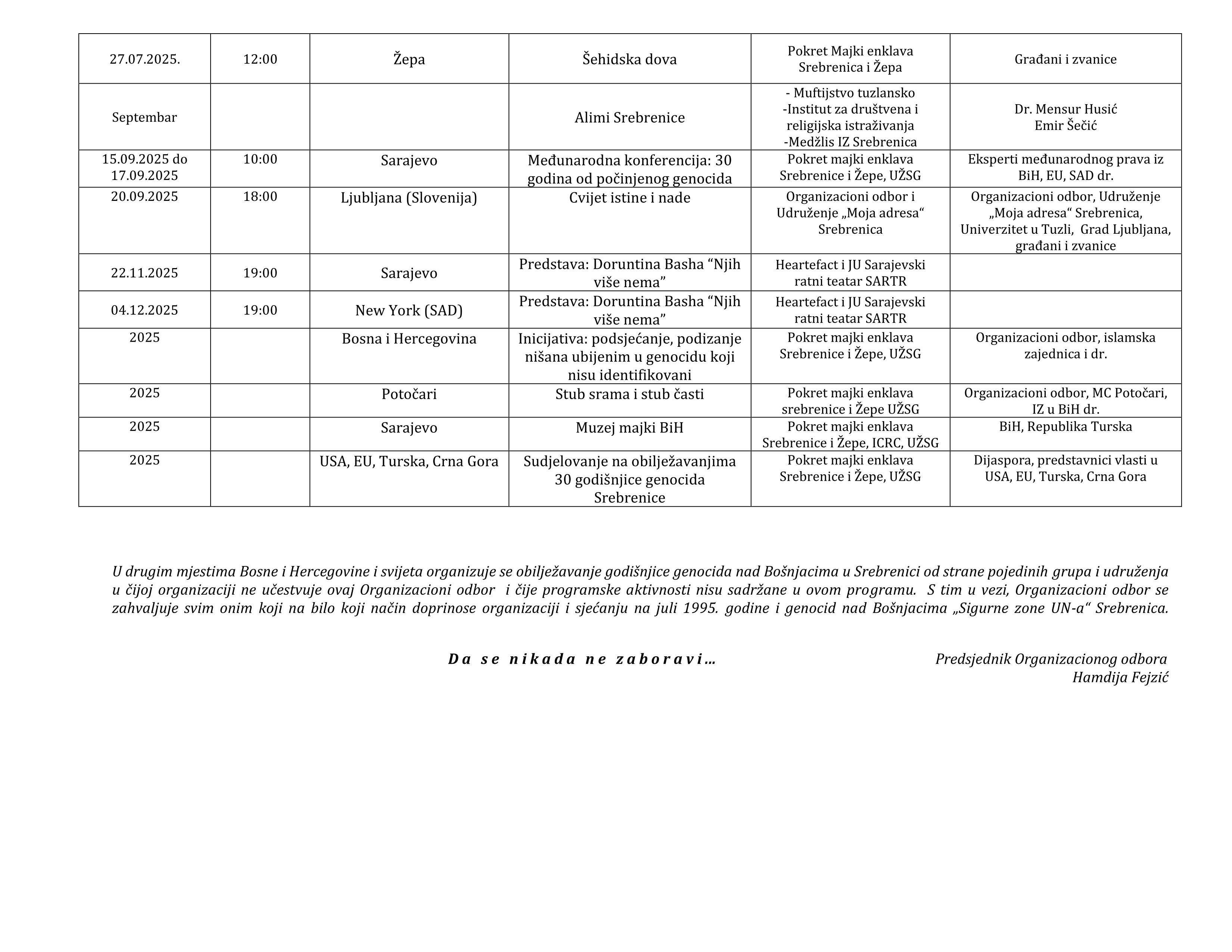 Program obilježavanja 30. godišnjice genocida nad Bošnjacima Sigurne zone UN a Srebrenica 11