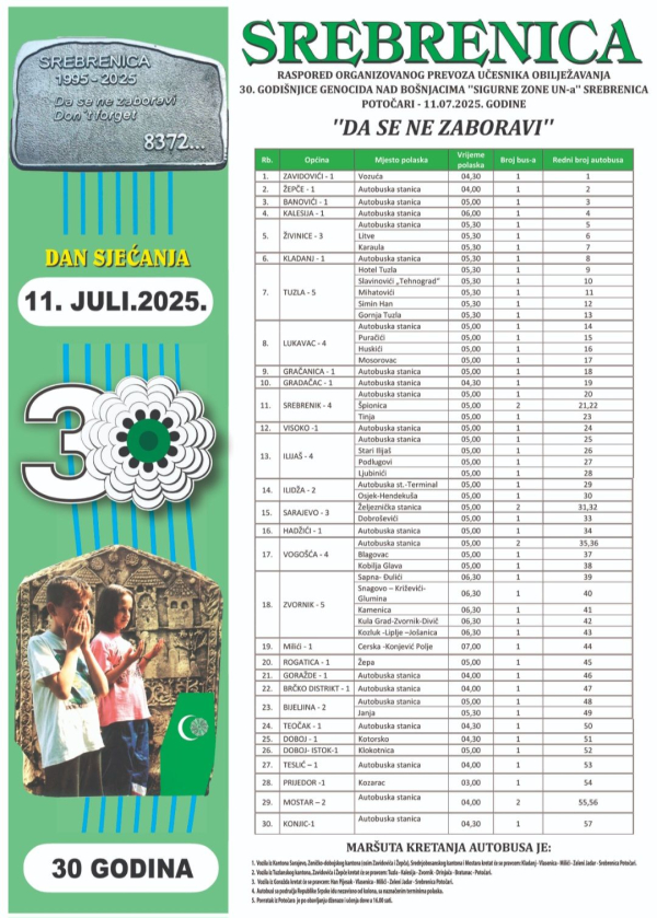 Raspored organizovanog prevoza učesnika obilježavanja 30.godišnjice genocida nad Bošnjacima "Sigurne zone UN-a" Srebrenica-Potočari 11.07.2025.godine