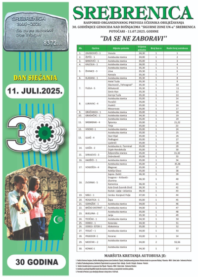 Raspored organizovanog prevoza učesnika obilježavanja 30.godišnjice genocida nad Bošnjacima "Sigurne zone UN-a" Srebrenica-Potočari 11.07.2025.godine
